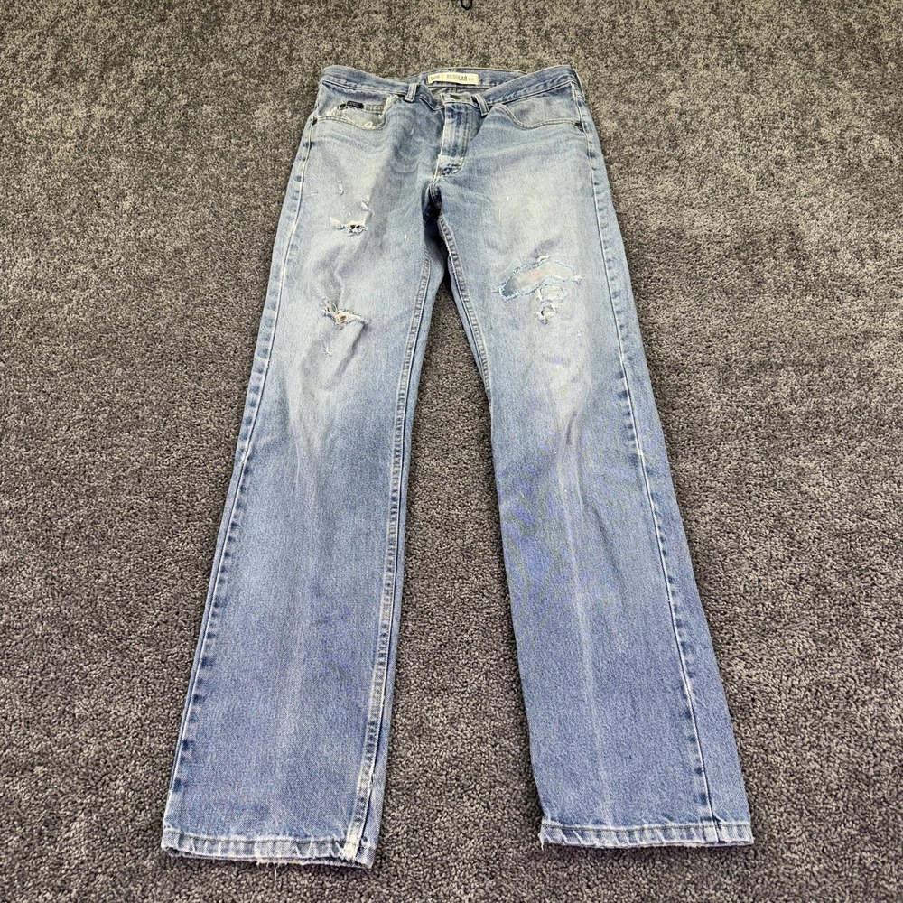 Lee Jeans Mens 34x36 Blue Regular Fit Straight Light Wash Distressed Denim
